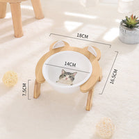 HKM-2965821 Cervical Spine Tilt Ceramic Cat Feeding Bowl with Bamboo Wood Stand - 14cm Diameter, 350ml Capacity