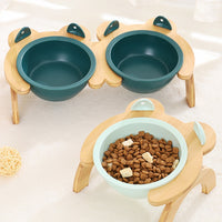 HKM-2965821 Cervical Spine Tilt Ceramic Cat Feeding Bowl with Bamboo Wood Stand - 14cm Diameter, 350ml Capacity