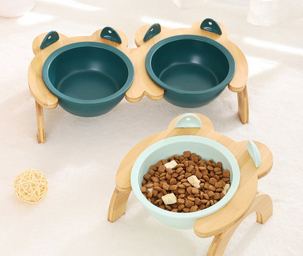 HKM-2965821 Cervical Spine Tilt Ceramic Cat Feeding Bowl with Bamboo Wood Stand - 14cm Diameter, 350ml Capacity