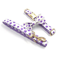 HKM-296723 Polka Dot Purple Dog Collar and Leash Set with Bow, Adjustable Sizes XS to XL