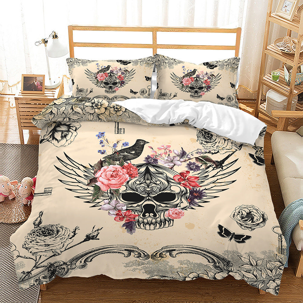 HKM-296851 Digital Printed Halloween Crossbones 3-Piece Quilt Cover Set for 1.5m Bed