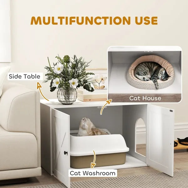 HKM-2969277 Stylish Cat Litter Box Enclosure with Barn Door and Side Access - Modern Furniture Solution