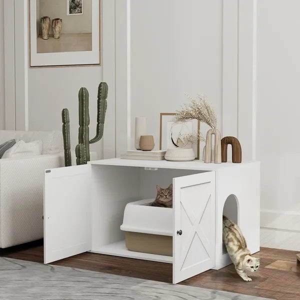 HKM-2969277 Stylish Cat Litter Box Enclosure with Barn Door and Side Access - Modern Furniture Solution