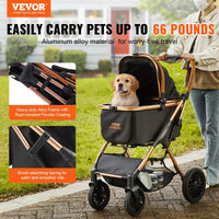 HKM-2970429 Pet Stroller with 66 lbs Capacity, 4-Wheel Design, Detachable Carrier, Storage Basket, and Pet Pad for Small to Medium Dogs