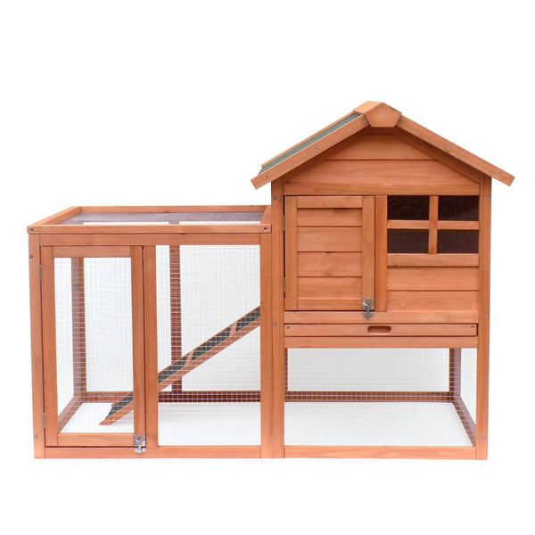 HKM-297171 Wooden Rabbit House with Slant Roof and Slide Out Tray for Easy Cleaning - 48x36x24.8 inches