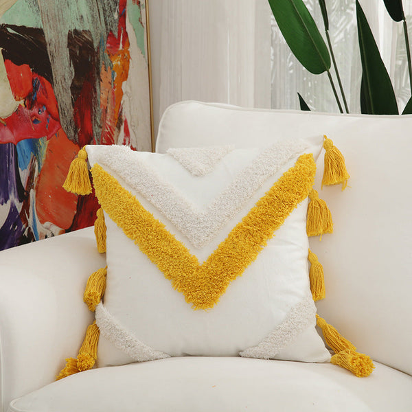 HKM-297299 Floral Cotton Velvet Embroidered Pillow with Tassels - 45x45 cm
