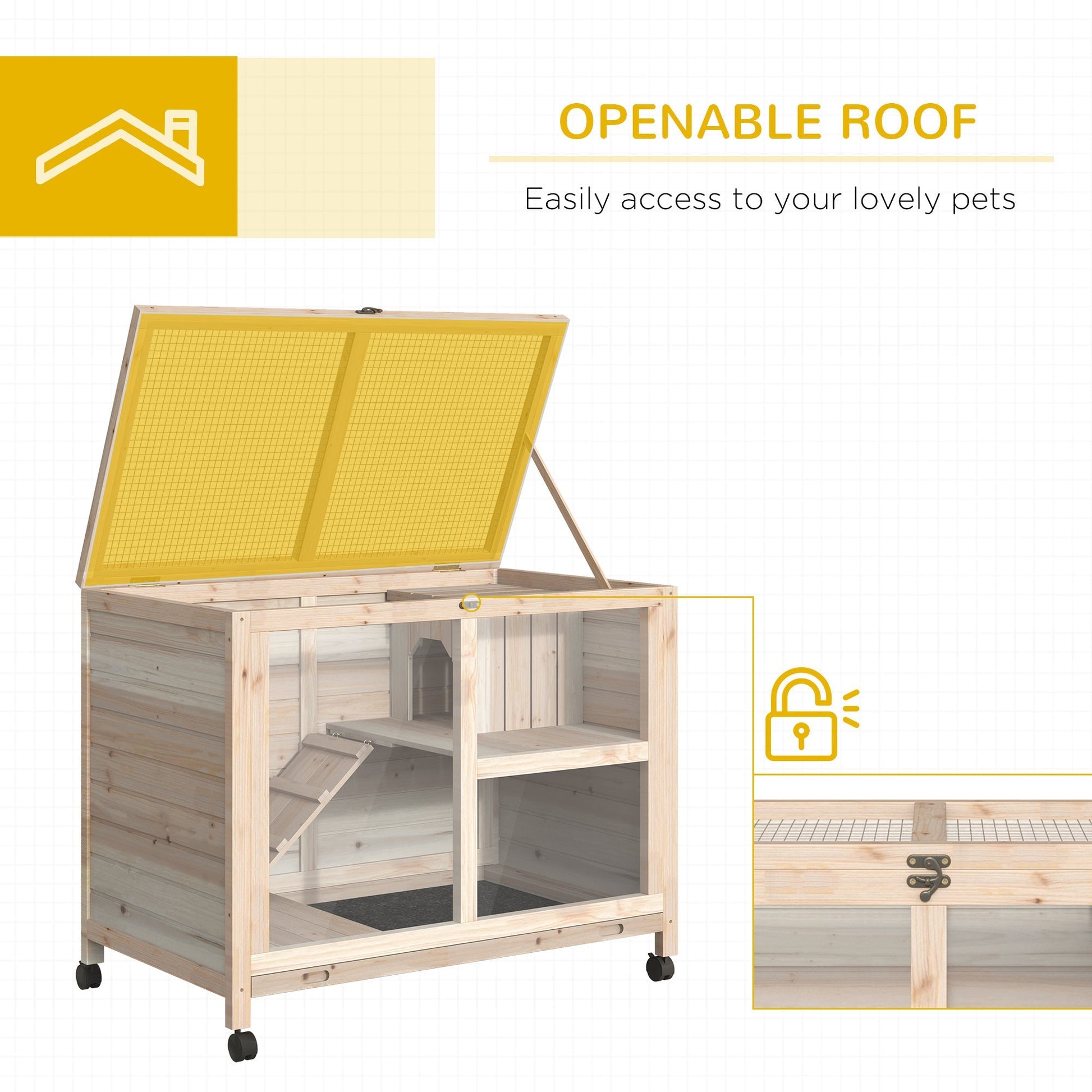 HKM-2975037 Wooden Rabbit Hutch on Wheels, Waterproof Small Bunny Cage with Openable Roof, Removable Tray, Ideal for Indoor/Outdoor Use