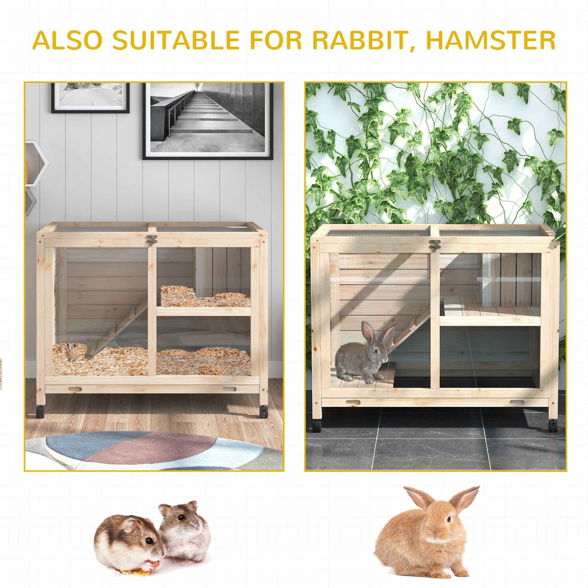 HKM-2975037 Wooden Rabbit Hutch on Wheels, Waterproof Small Bunny Cage with Openable Roof, Removable Tray, Ideal for Indoor/Outdoor Use