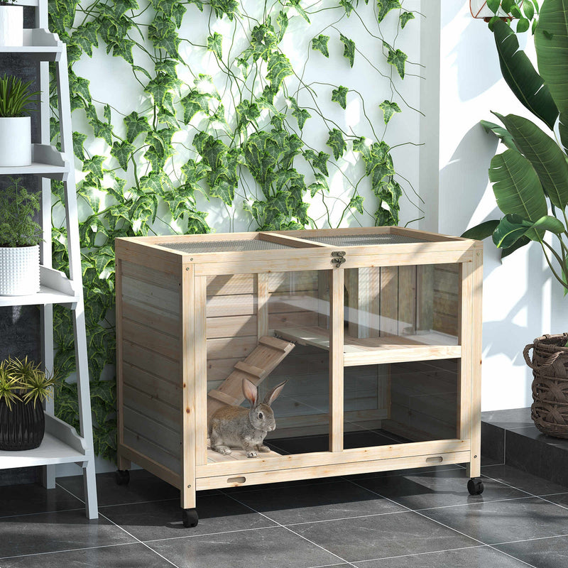 HKM-2975037 Wooden Rabbit Hutch on Wheels, Waterproof Small Bunny Cage with Openable Roof, Removable Tray, Ideal for Indoor/Outdoor Use