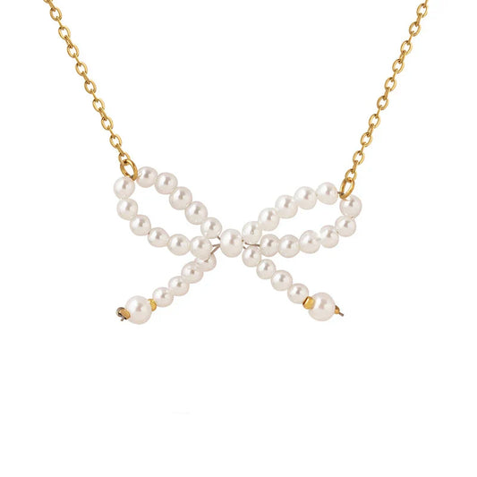 HKM-297555 Personality Trend Imitation Pearl Bow Necklace Stainless Steel 18K Gold Link Chain butterfly Necklace for Women