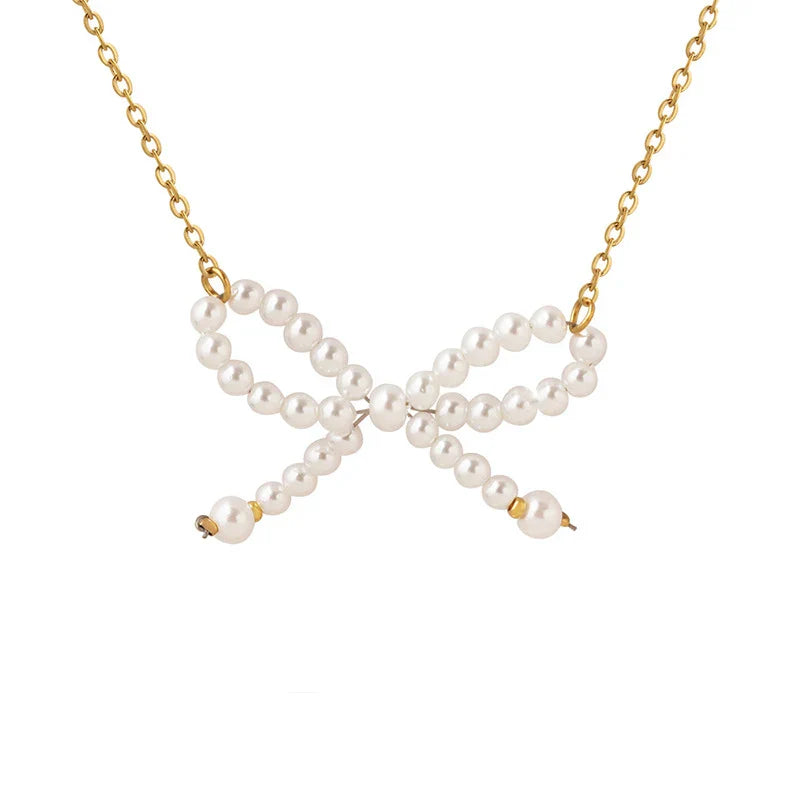 HKM-297555 Personality Trend Imitation Pearl Bow Necklace Stainless Steel 18K Gold Link Chain butterfly Necklace for Women