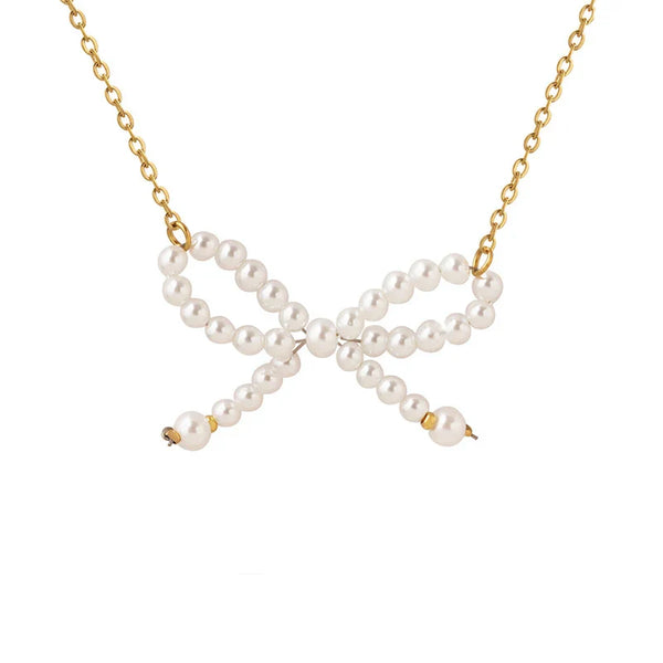 HKM-297555 Personality Trend Imitation Pearl Bow Necklace Stainless Steel 18K Gold Link Chain butterfly Necklace for Women