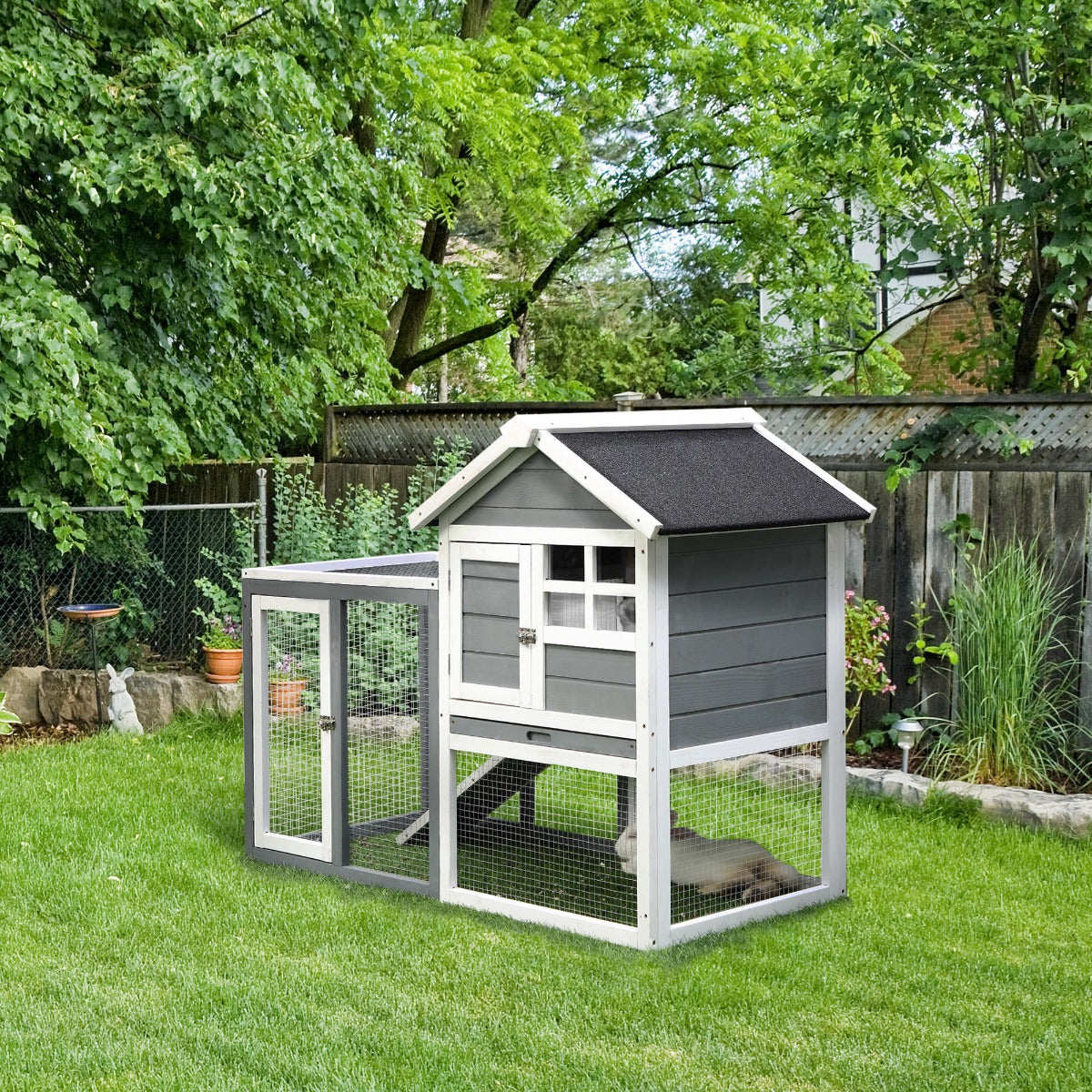 HKM-2980797 Indoor Wooden Rabbit Hutch with Outdoor Run, 48" Gray Weatherproof Design for Rabbits and Ferrets