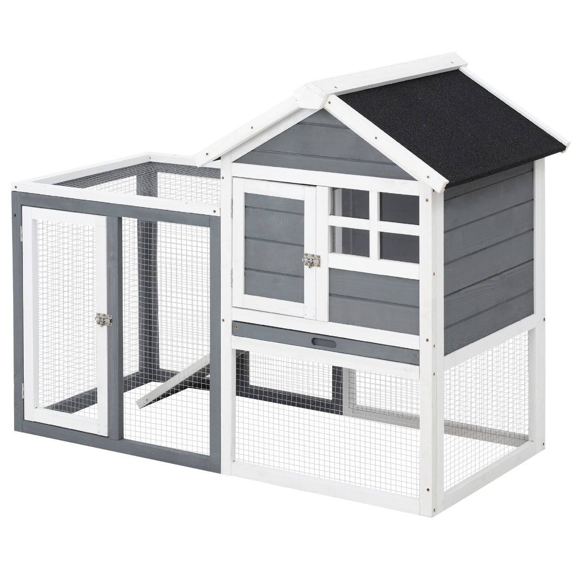 HKM-2980797 Indoor Wooden Rabbit Hutch with Outdoor Run, 48" Gray Weatherproof Design for Rabbits and Ferrets