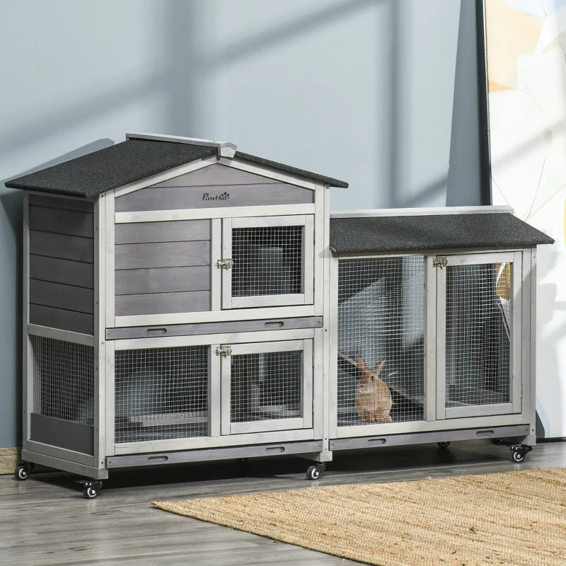 HKM-2986557 Mobile Wooden Rabbit Hutch with Wheels, Slide-Out Tray, and Ramp for Easy Access and Cleaning