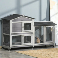 HKM-2986557 Mobile Wooden Rabbit Hutch with Wheels, Slide-Out Tray, and Ramp for Easy Access and Cleaning