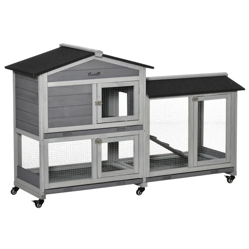 HKM-2986557 Mobile Wooden Rabbit Hutch with Wheels, Slide-Out Tray, and Ramp for Easy Access and Cleaning