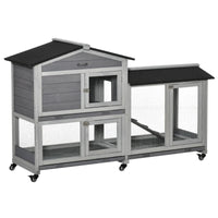 HKM-2986557 Mobile Wooden Rabbit Hutch with Wheels, Slide-Out Tray, and Ramp for Easy Access and Cleaning