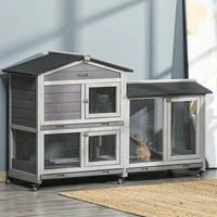 HKM-2986557 Mobile Wooden Rabbit Hutch with Wheels, Slide-Out Tray, and Ramp for Easy Access and Cleaning