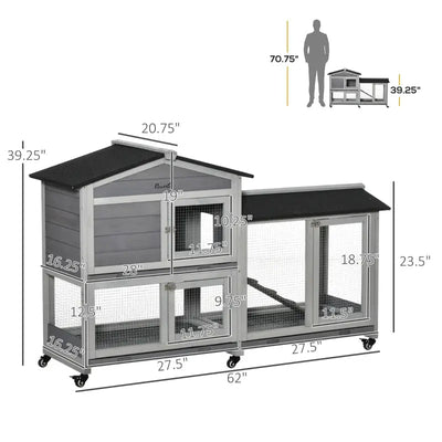 HKM-2986557 Mobile Wooden Rabbit Hutch with Wheels, Slide-Out Tray, and Ramp for Easy Access and Cleaning