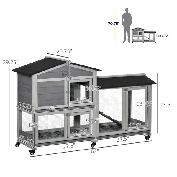 HKM-2986557 Mobile Wooden Rabbit Hutch with Wheels, Slide-Out Tray, and Ramp for Easy Access and Cleaning