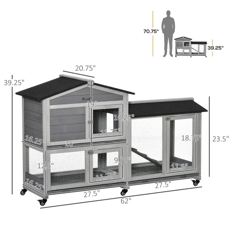 HKM-2986557 Mobile Wooden Rabbit Hutch with Wheels, Slide-Out Tray, and Ramp for Easy Access and Cleaning