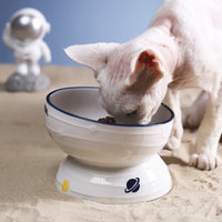 HKM-2988861 Ceramic Slanted Tall Cat Food Bowl with Planet Print - 13.5cm Diameter