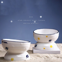 HKM-2988861 Ceramic Slanted Tall Cat Food Bowl with Planet Print - 13.5cm Diameter