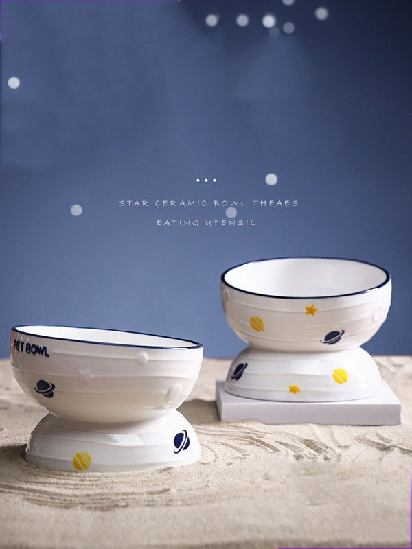 HKM-2988861 Ceramic Slanted Tall Cat Food Bowl with Planet Print - 13.5cm Diameter