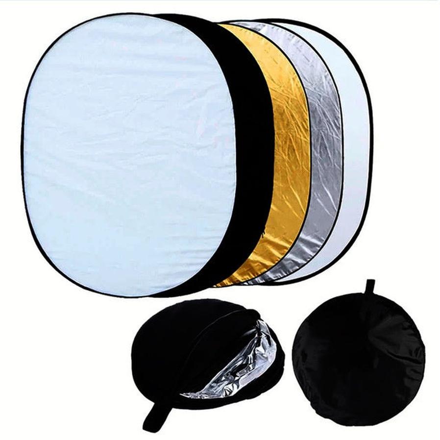 HKM-299539 5-in-1 Collapsible Light Reflector Set with Gold, Silver, White, Black, and Translucent Surfaces