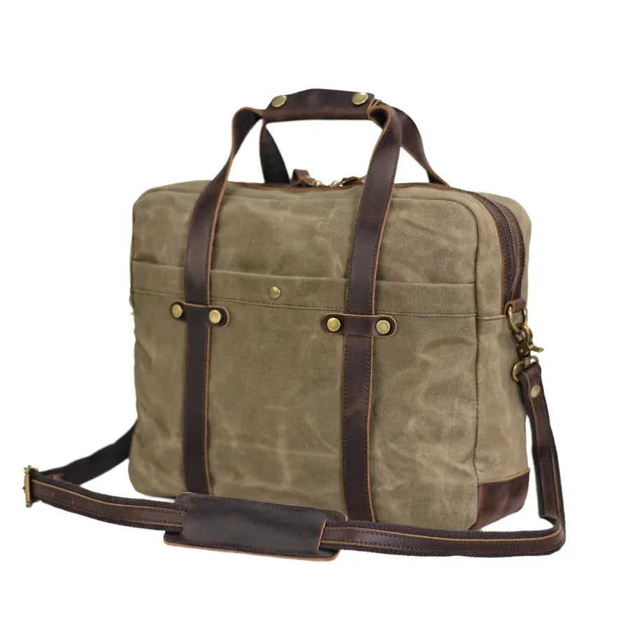 HKM-299731 Waterproof Waxed Canvas Laptop Handbag with Leather Accents - 15.6 Inch Casual Briefcase for Work