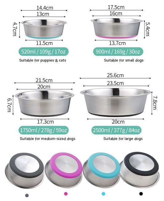 HKM-2998589 Stainless Steel Pet Bowl with Silicone Base for Dogs and Cats - Available in Multiple Colors and Sizes