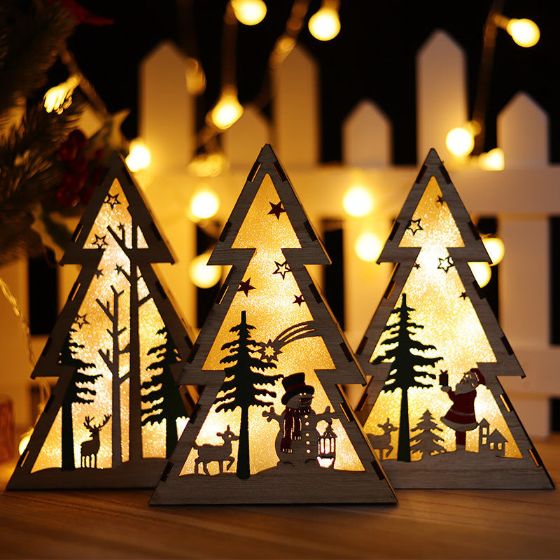 HKM-299923 Luminous Wooden Christmas Ornaments - Santa Claus, Snowman & Deer with Lights