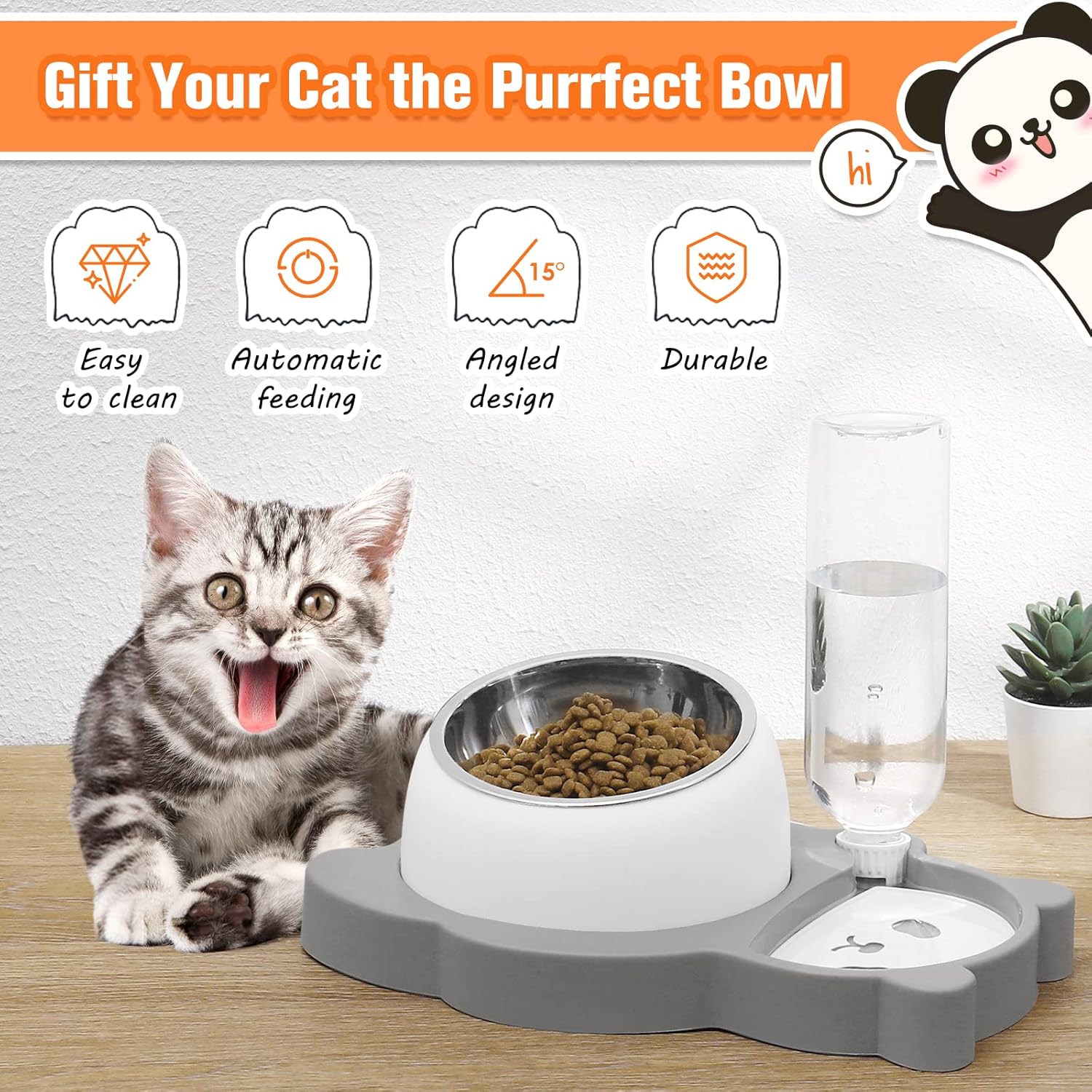 HKM-3001661 Tilted Elevated Stainless Steel Cat and Dog Bowls with Automatic Water Dispenser