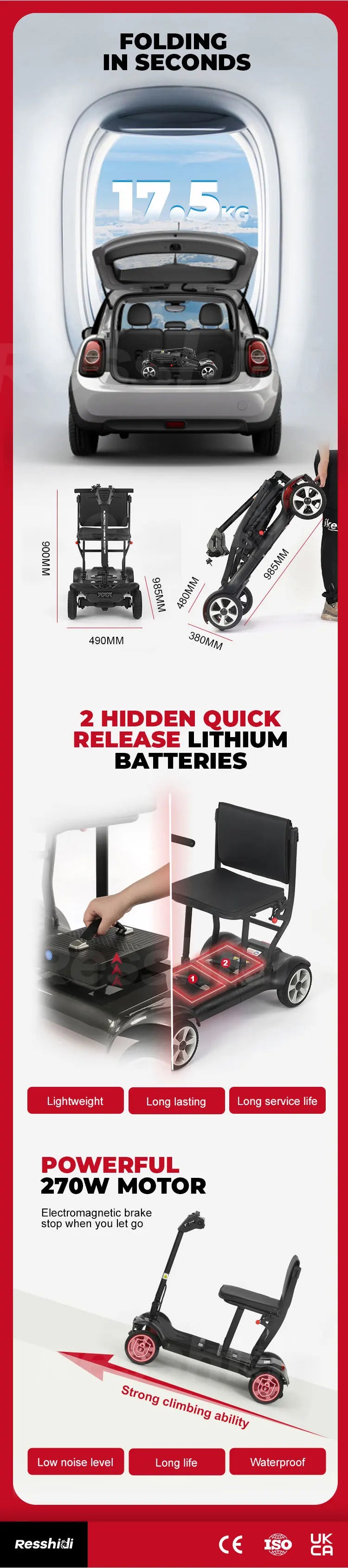 HKM-300179 Ultra Light Foldable 4-Wheel Electric Mobility Scooter with 11-Inch Wheels, 120kg Load Capacity, 20KM Range, 8KM/H Speed