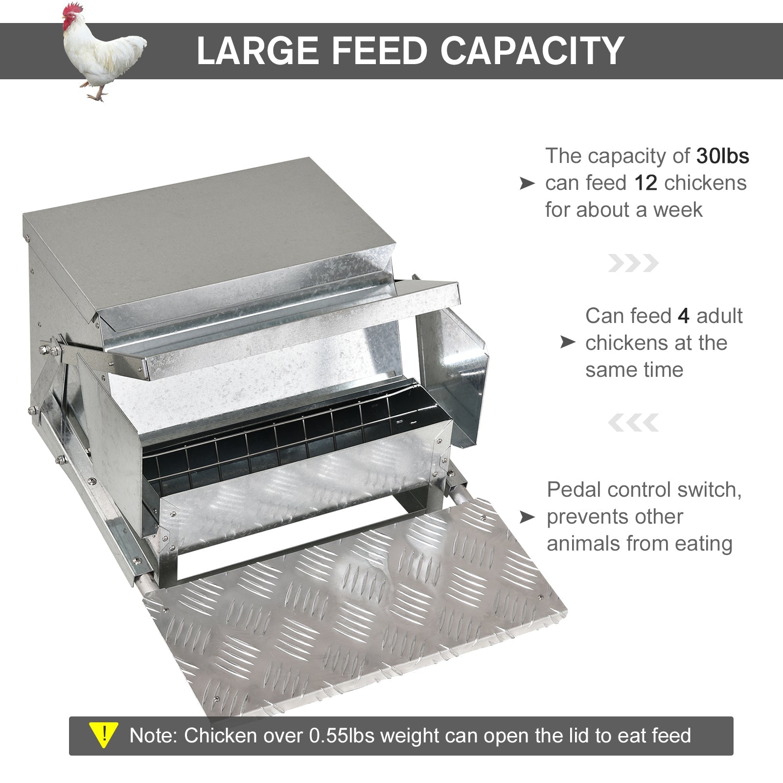 HKM-3002045 30 lbs Capacity Automatic Chicken Feeder - Galvanized Steel & Aluminum, Weatherproof Design