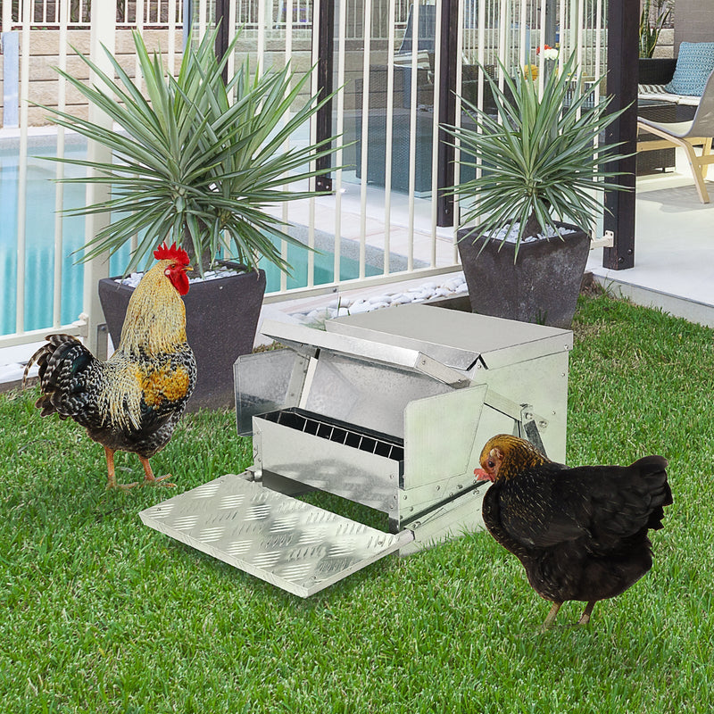 HKM-3002045 30 lbs Capacity Automatic Chicken Feeder - Galvanized Steel & Aluminum, Weatherproof Design