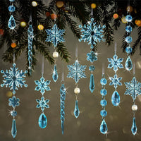 HKM-300435 Light Blue Acrylic Snowflake Christmas Tree Ornaments - Set of 18 Decorative Pendants