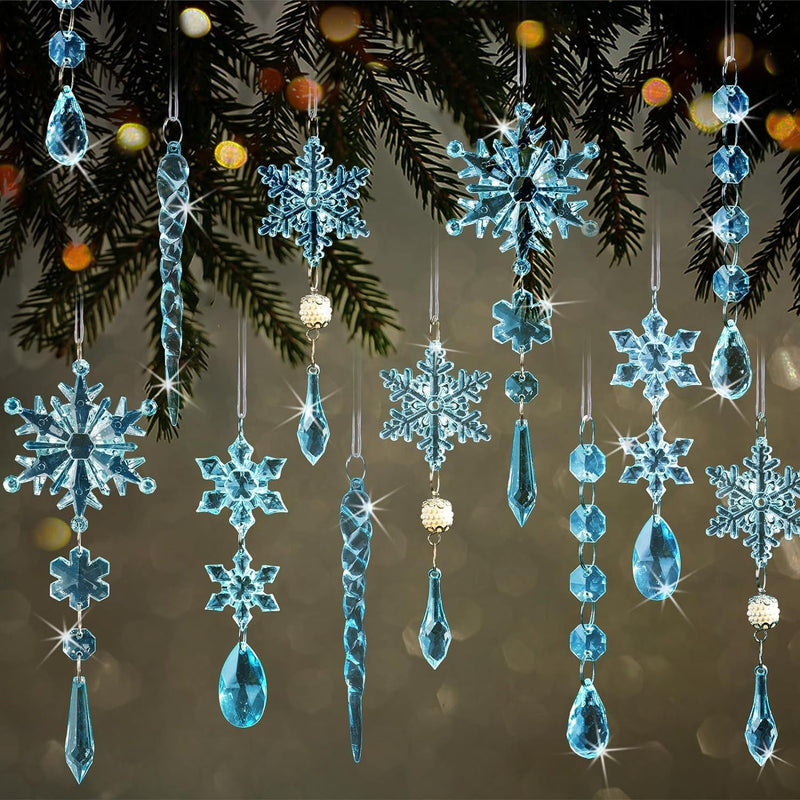 HKM-300435 Light Blue Acrylic Snowflake Christmas Tree Ornaments - Set of 18 Decorative Pendants