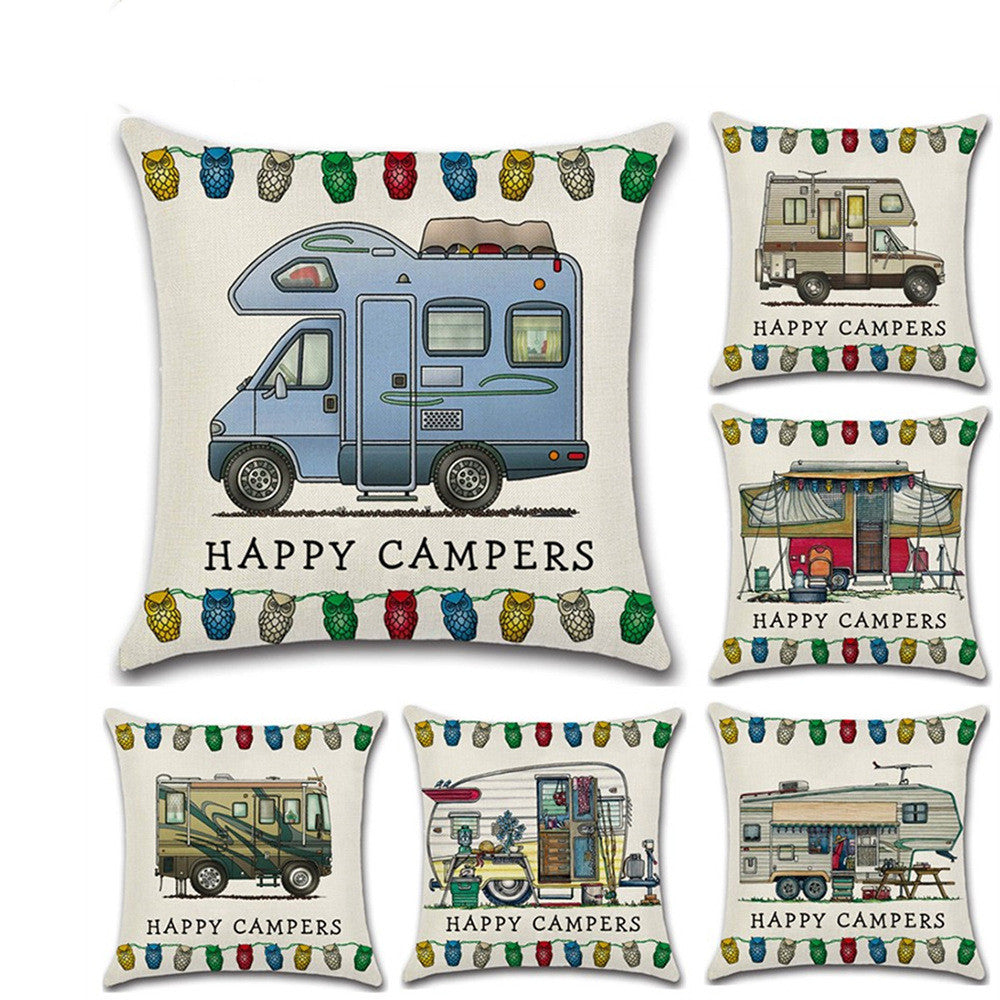 HKM-300755 Cartoon Camper RV Series Linen Pillow Cover 45x45cm