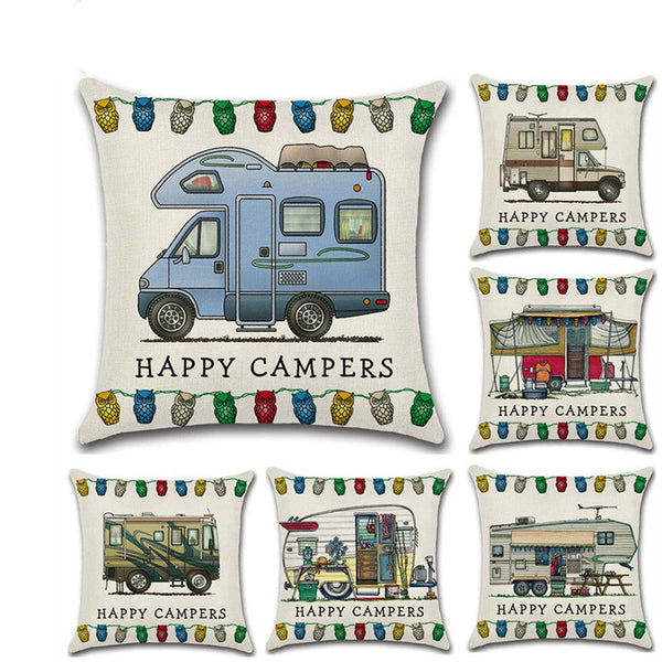 HKM-300755 Cartoon Camper RV Series Linen Pillow Cover 45x45cm