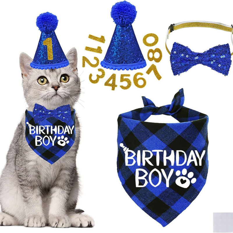 HKM-3010493 Sapphire Blue & Rose Red Cartoon Pet Birthday Hat, Triangle Scarf, Bow Tie Set