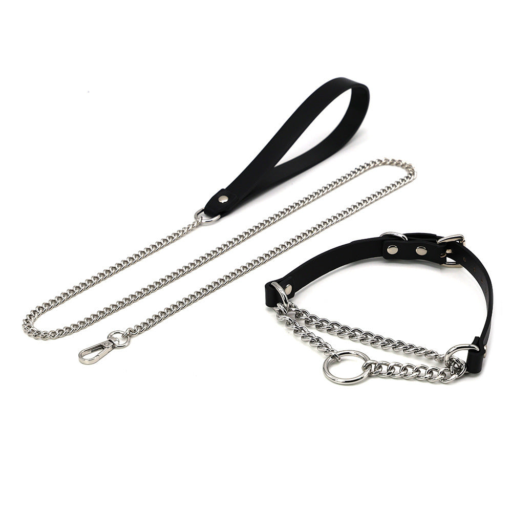 HKM-301331 Black Cowhide Leather Collar with Leash for Punk and Sub-culture Enthusiasts