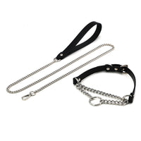 HKM-301331 Black Cowhide Leather Collar with Leash for Punk and Sub-culture Enthusiasts