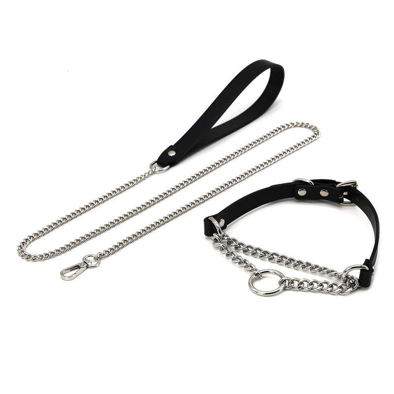 HKM-301331 Black Cowhide Leather Collar with Leash for Punk and Sub-culture Enthusiasts