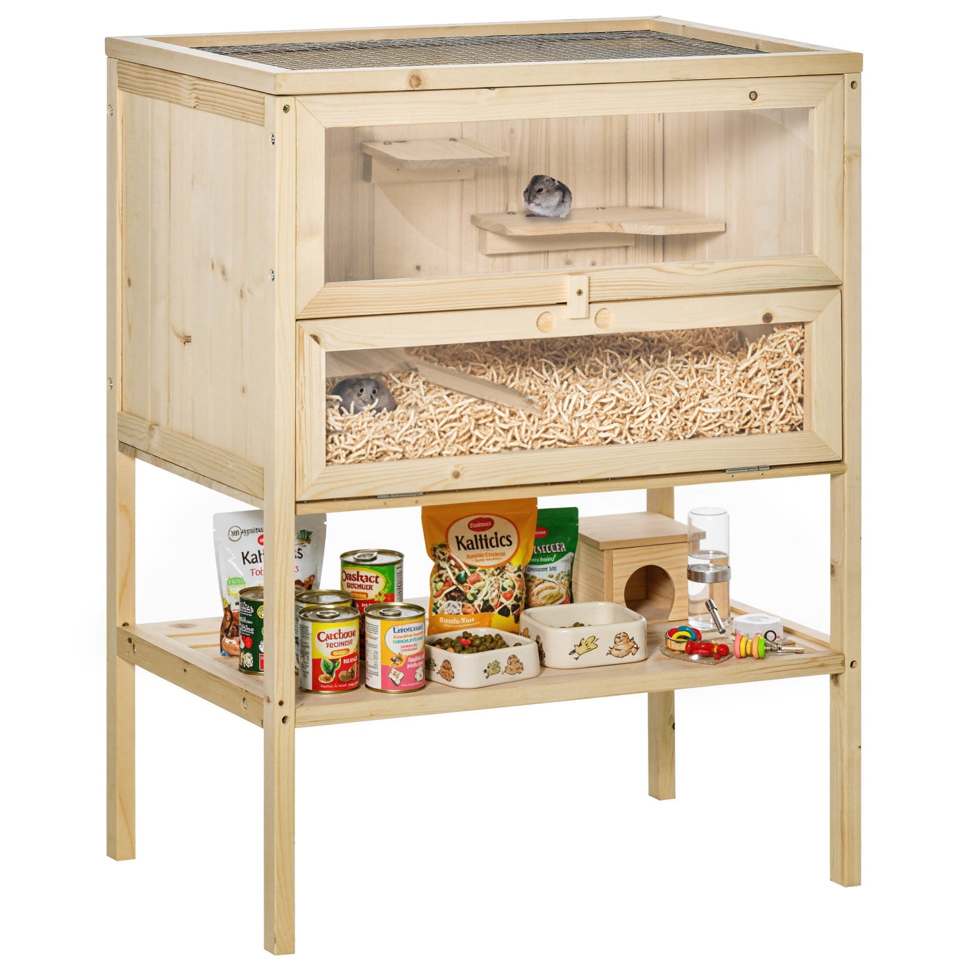 HKM-3013565 3-Tier Wooden Hamster Cage with Openable Top and Front Door, Natural Fir Wood Small Animal Hutch