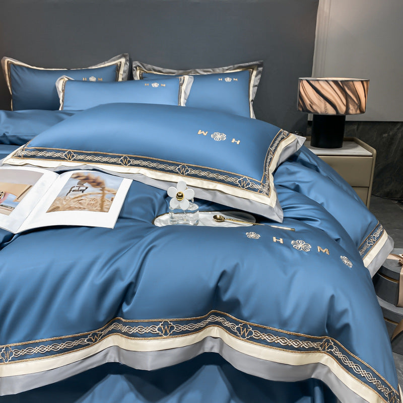 HKM-301459 Light Luxury All-Cotton Four-Piece Bedding Set for Year-Round Comfort, Includes Quilt Cover, Bed Sheet, and Pillowcases