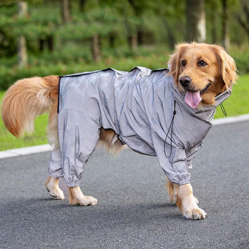 HKM-3017277 Waterproof Reflective Raincoat for Large Dogs and Pets - Four-Legged Design in Silver and Emerald Green
