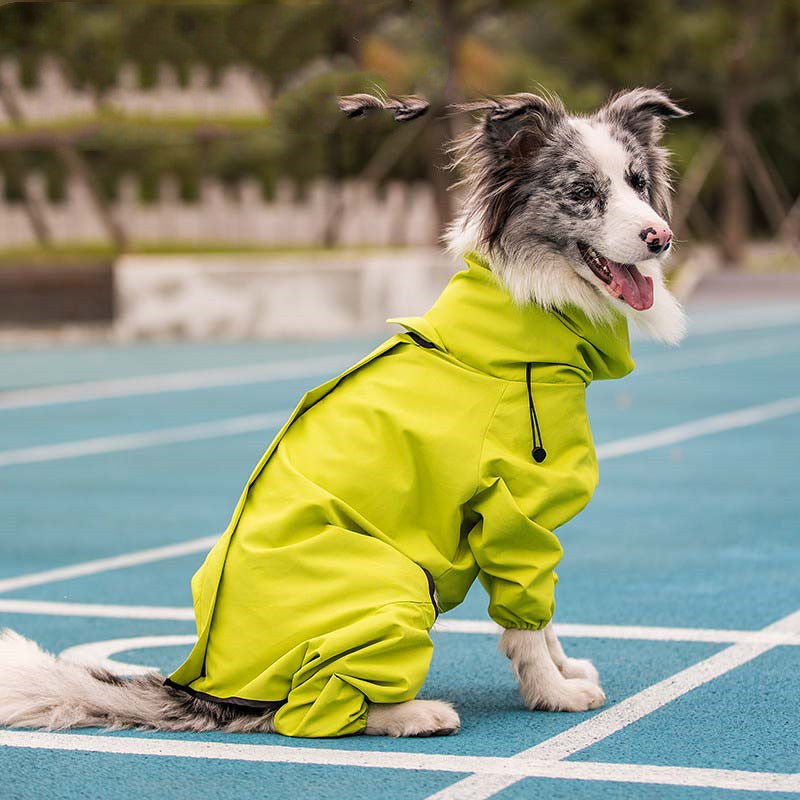 HKM-3017277 Waterproof Reflective Raincoat for Large Dogs and Pets - Four-Legged Design in Silver and Emerald Green