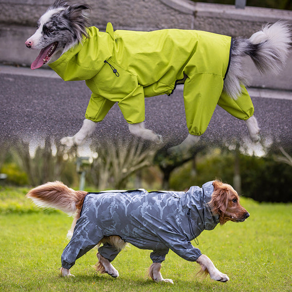 HKM-3017277 Waterproof Reflective Raincoat for Large Dogs and Pets - Four-Legged Design in Silver and Emerald Green